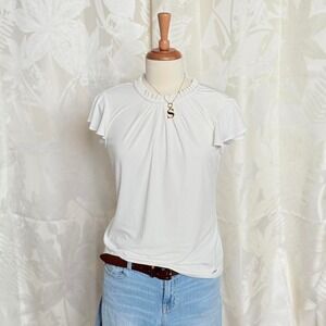 Calvin Klein White ruffled short sleeve blouse with pearl trim